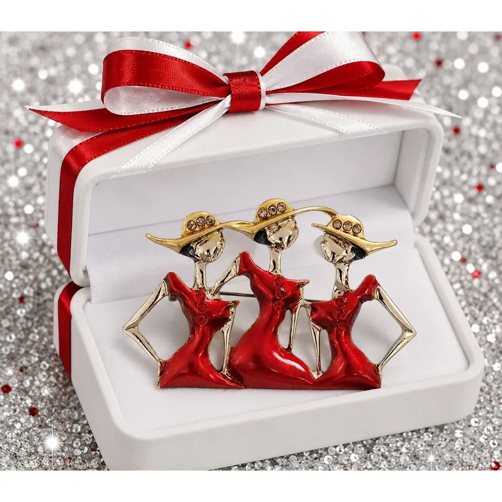 Gold‎ Tone Red Enamel Three Ladies Brooch Rhinestone Fashion Pin Women Jewelry